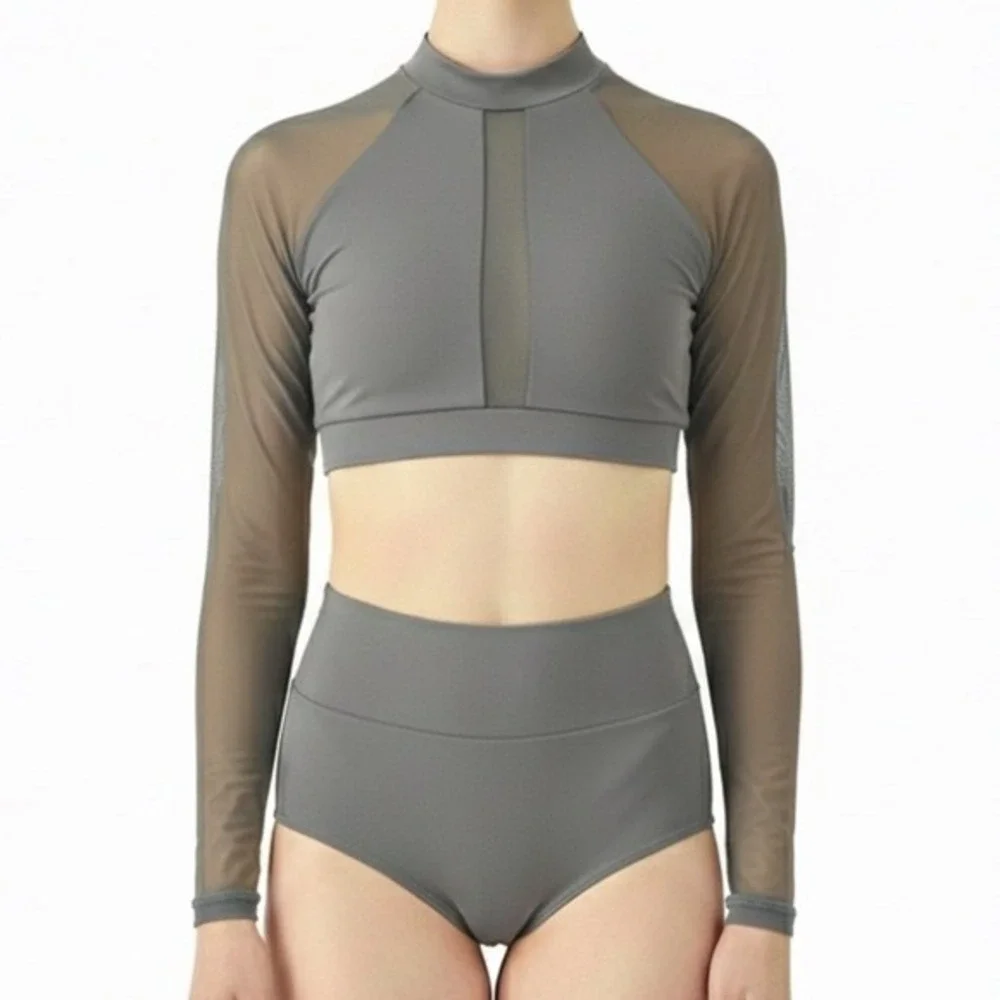 BalTogs Gray mesh Long Sleeve Two-Piece charcoal dance dancewear outfit NWT CL